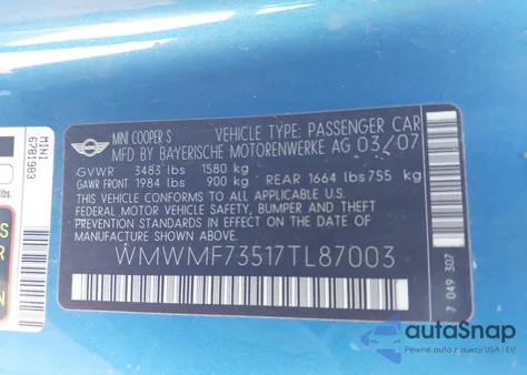 2007 Mini Cooper S из США, поврежденный, VIN WMWMF73517TL87003